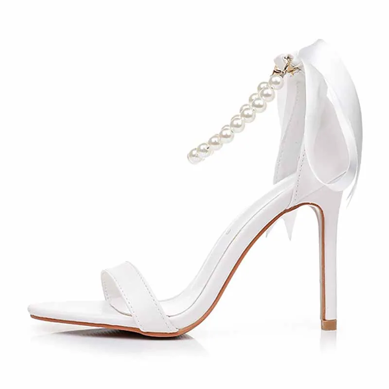 4.13" Pearls Bride Sandals Lace-Up Ankle Strap Heels Bridal Wedding Shoes