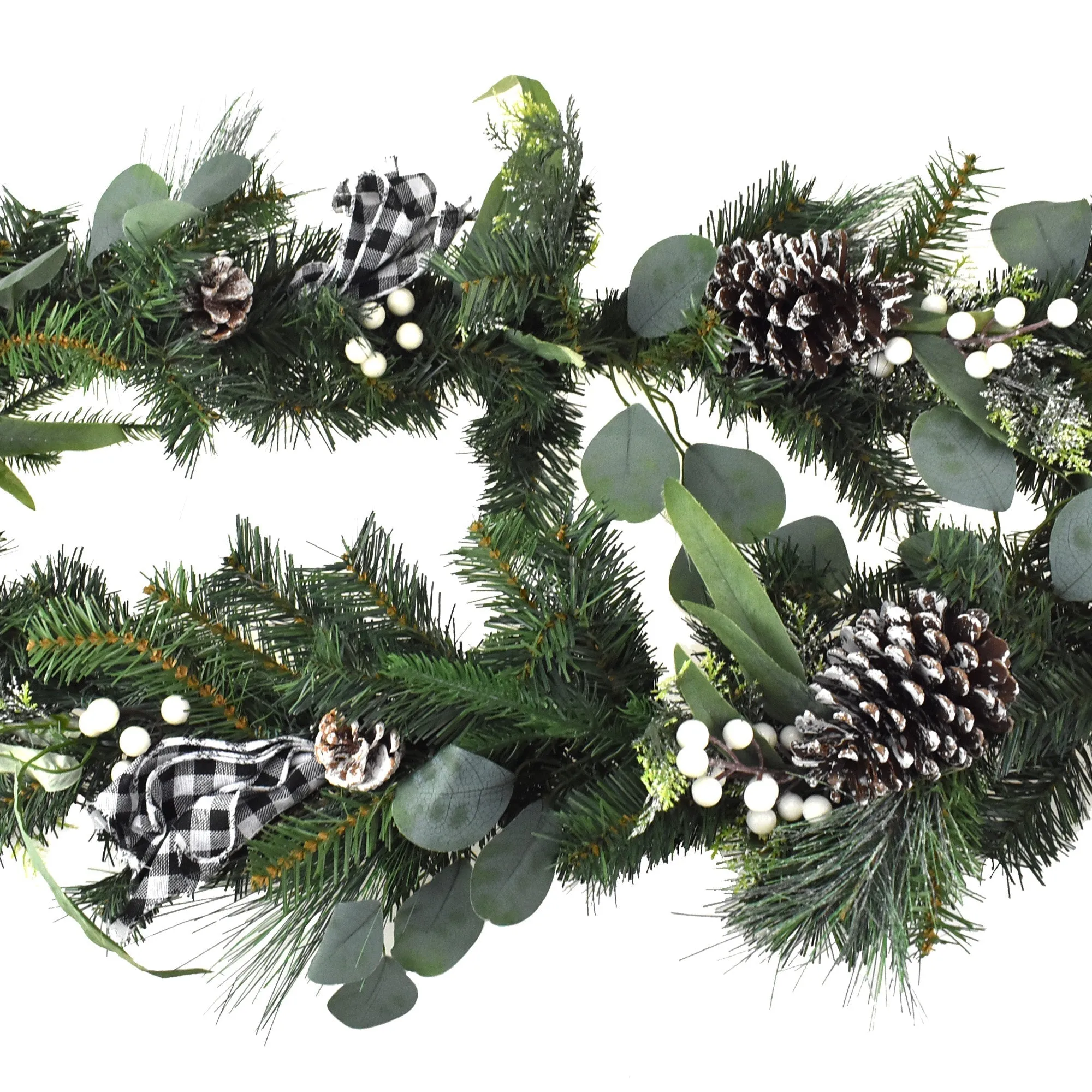 Artificial Pinecone Eucalyptus Buffalo Plaid Ribbon Garland, 6-Feet