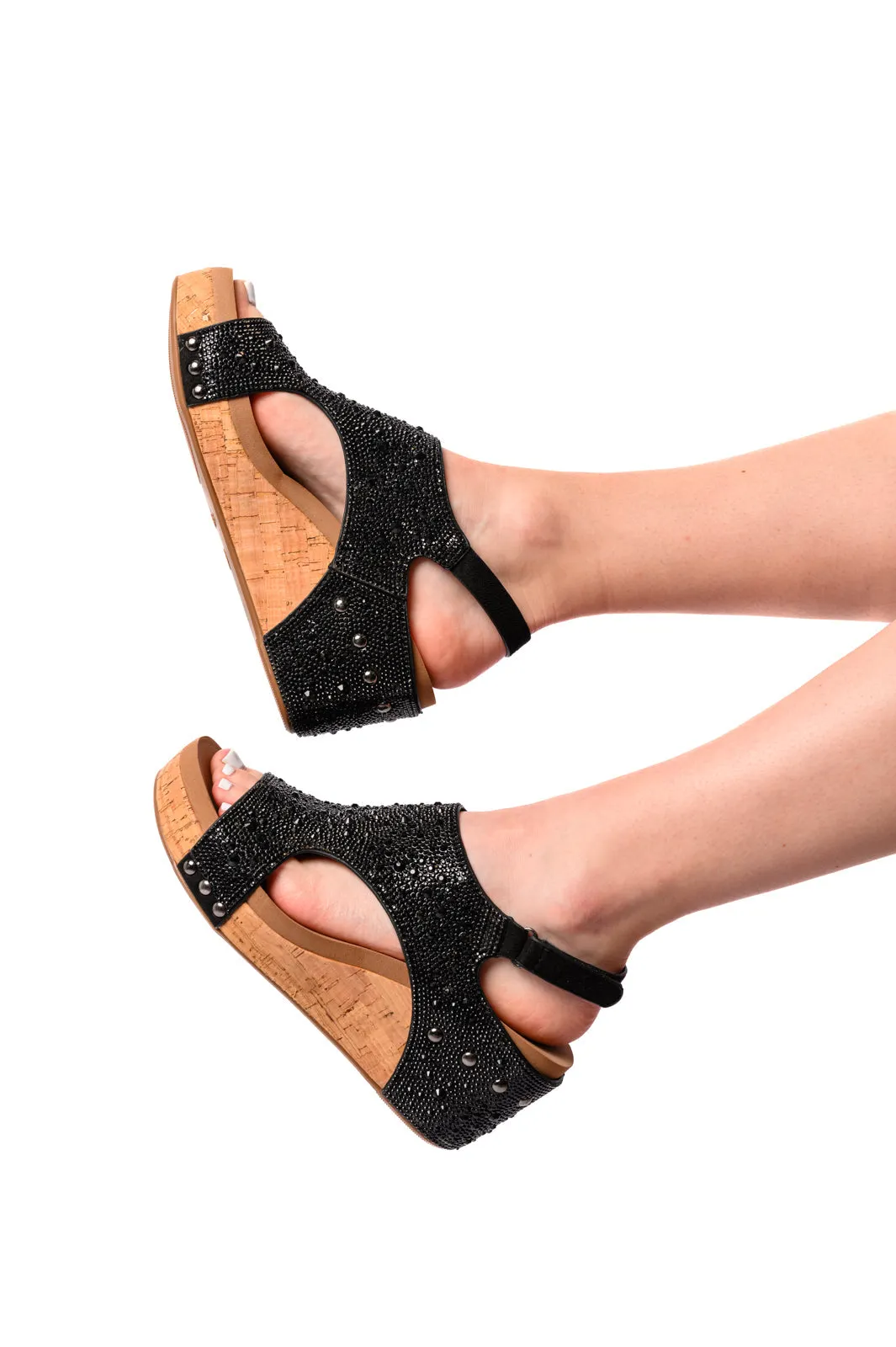 Ashley Wedge Sandals in Black Rhinestone - CORKYS