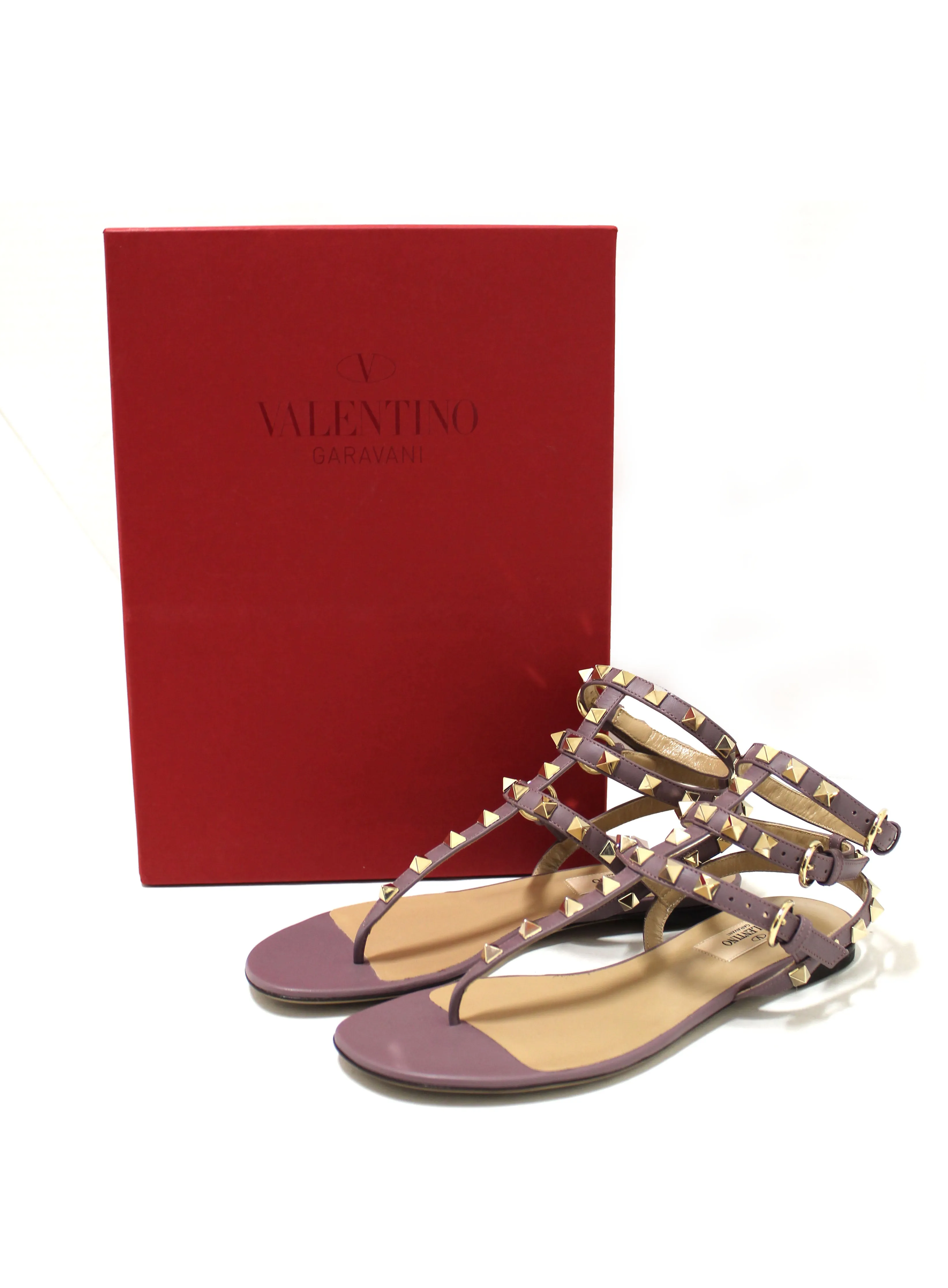 Authentic New Valentino Purple Leather Rockstud Flip Flop Sandal Shoes Size 36