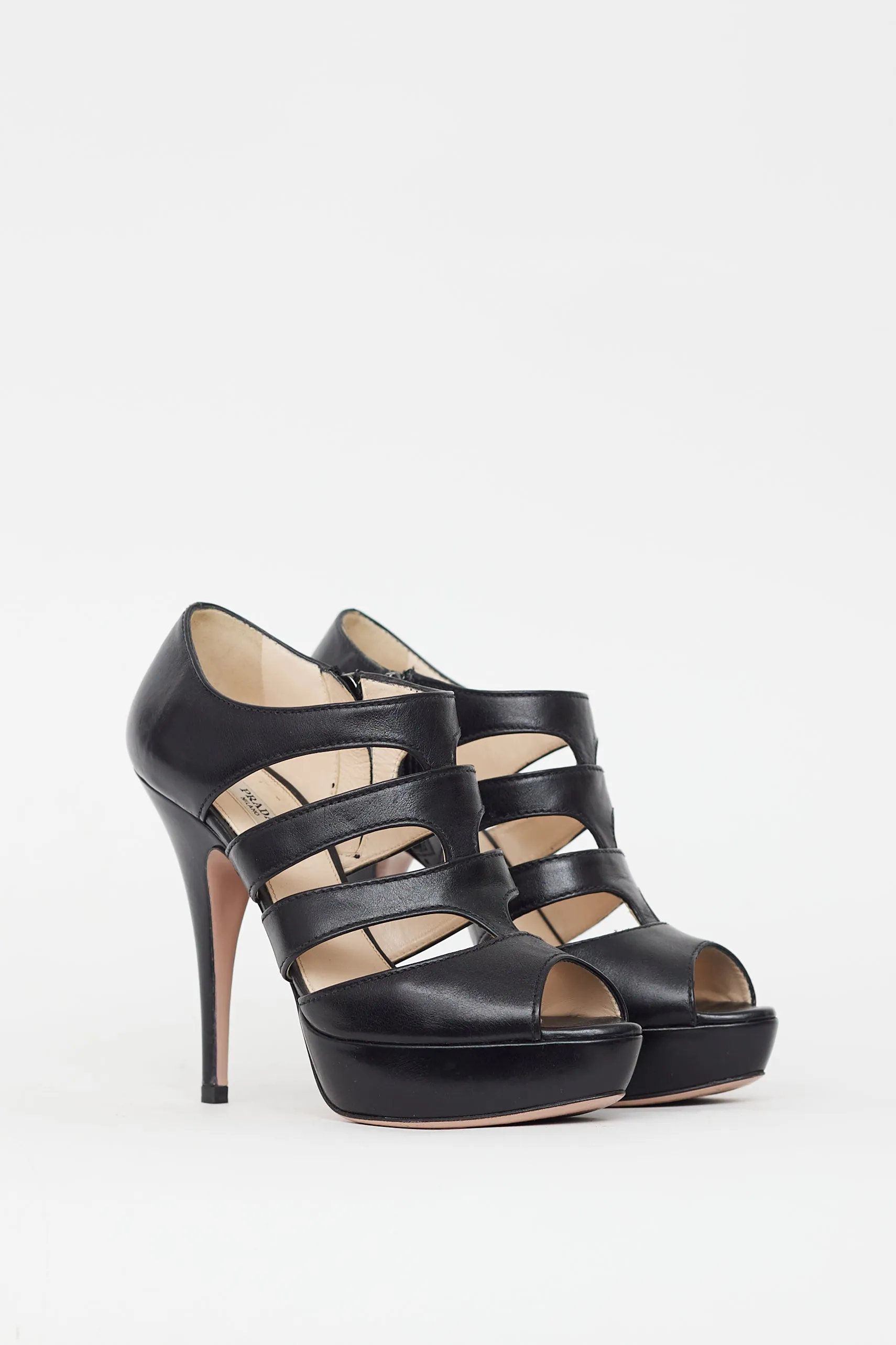 Black Leather Cage Strap Heel