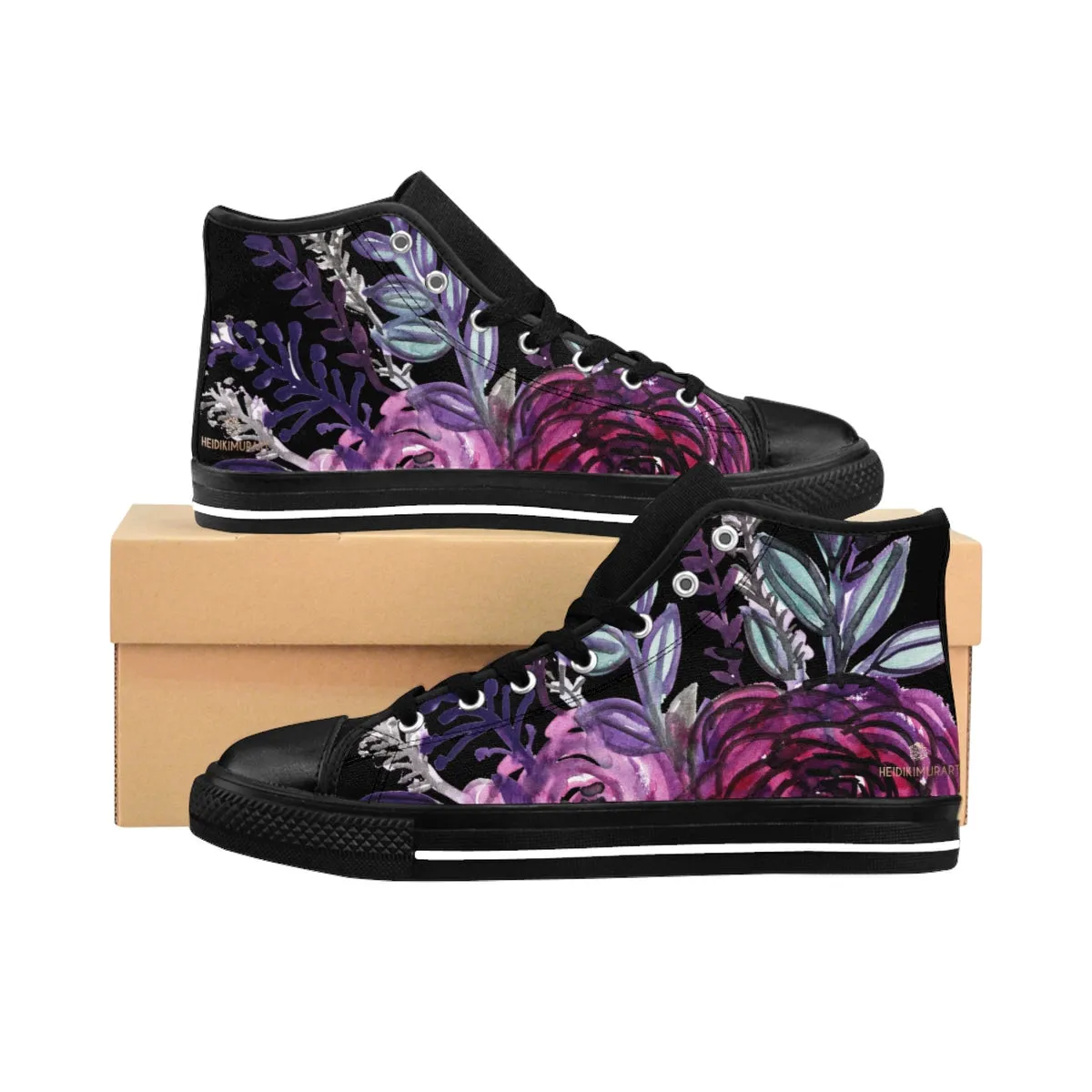 Black Purple Rose Men's Sneakers, Floral Print Designer High-top Running Tennis Shoes