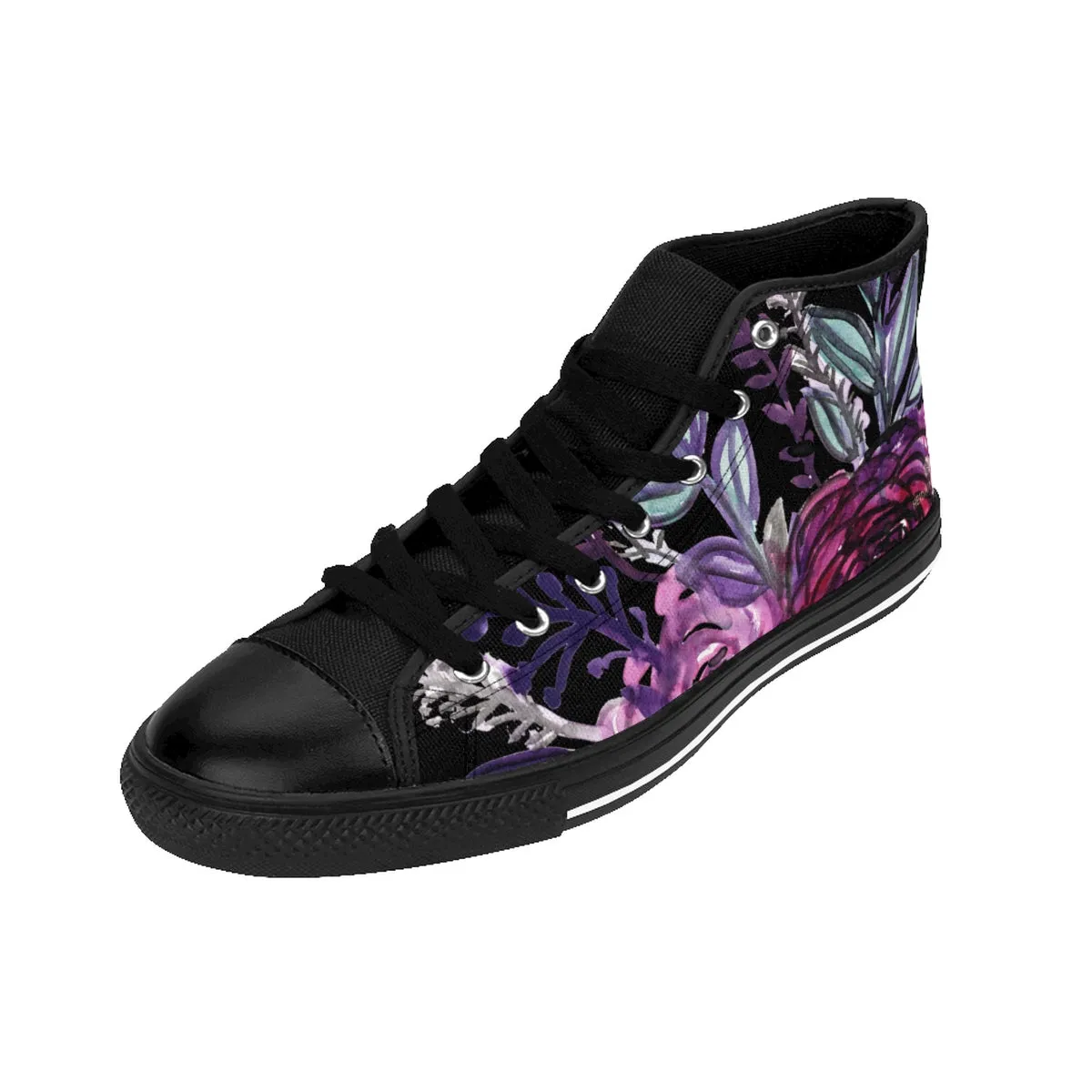 Black Purple Rose Men's Sneakers, Floral Print Designer High-top Running Tennis Shoes