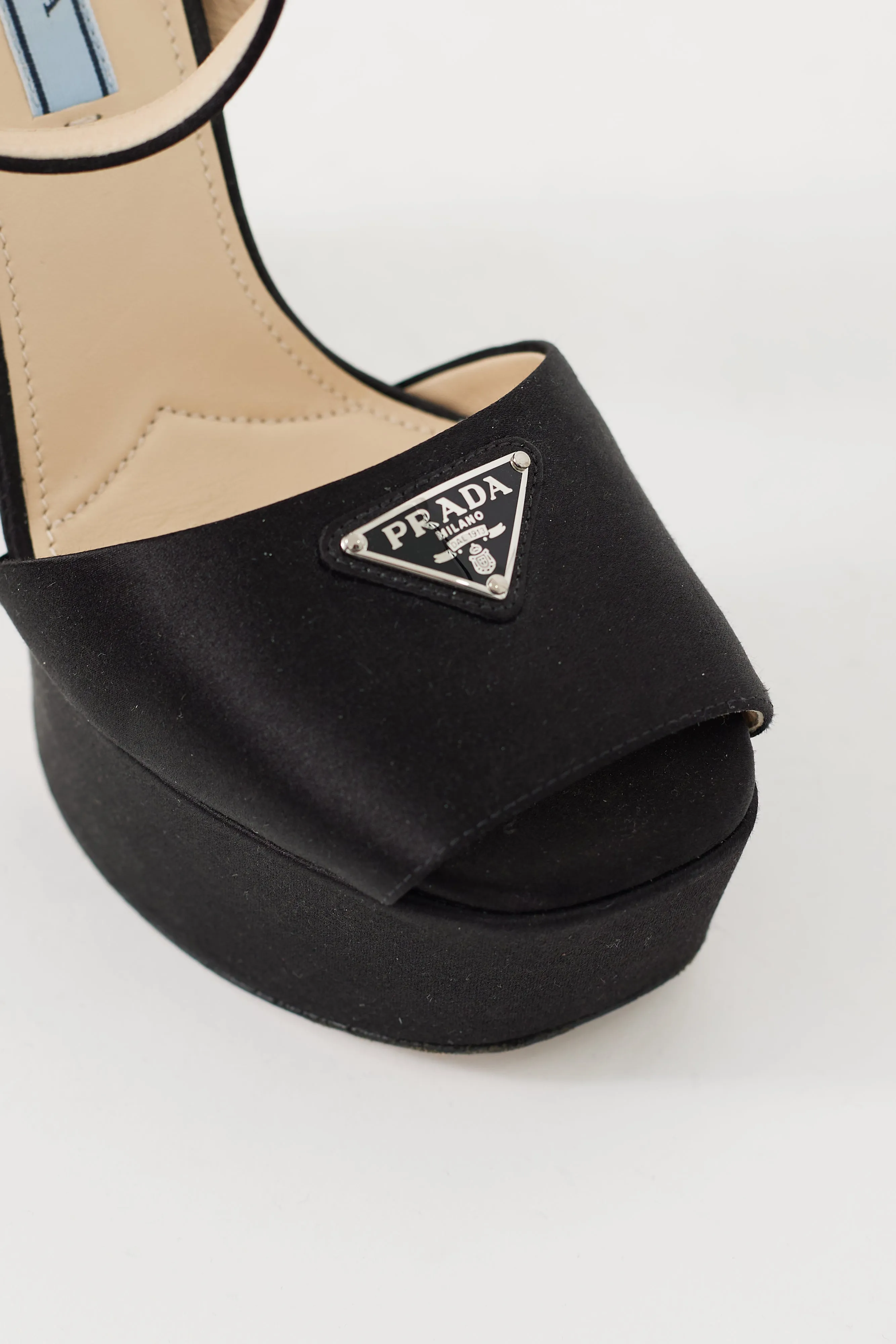 Black Satin Triangle Logo Platform Heel