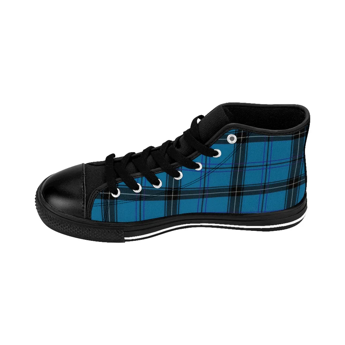 Blue Plaid Men's Sneakers, Scottish Plaid Tartan Print High-top Tennis Shoes(US Size: 6-14)