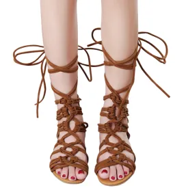 Brown Lace Up Leg Gladiator Sandals