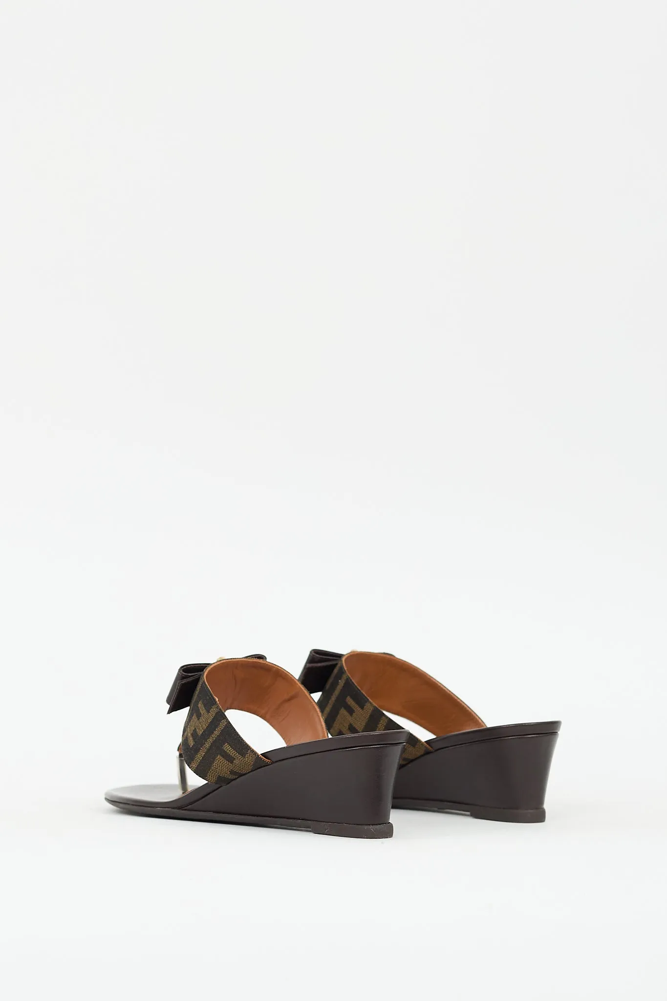 Brown Leather Zucca T-strap Wedge Sandal