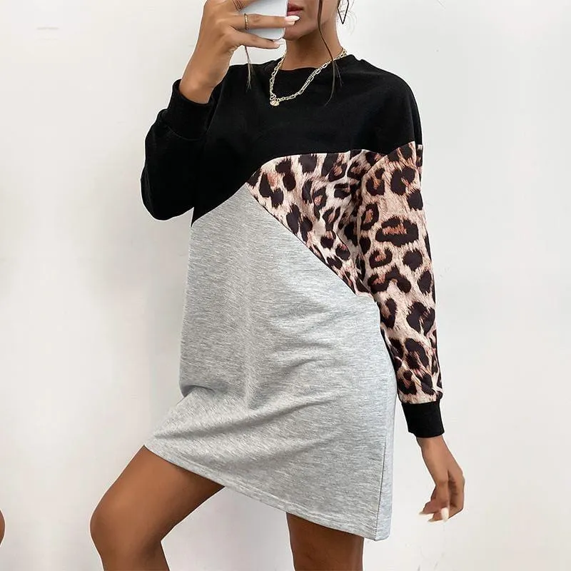 Color Block Leopard Sweater Dress