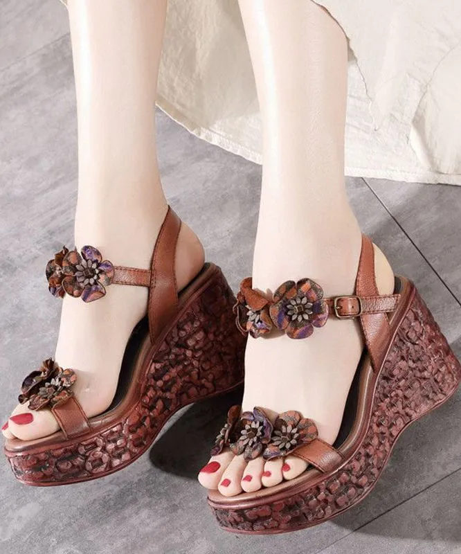 Elegant Buckle Strap Wedge Sandals Brown Cowhide Leather LY4371