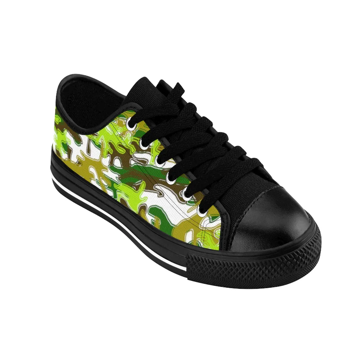 Green Camo Men's Low Tops, White Green Camouflage Military Print Premium Men's Low Top Canvas Sneakers Shoes