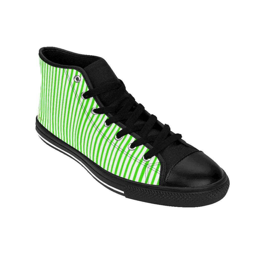 Green Striped High-top Sneakers, Vertically Green Stripes Men's Designer Tennis Running Shoes