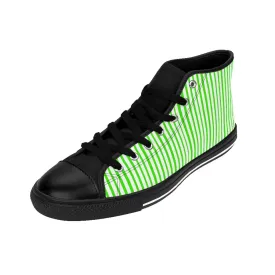 Green Striped High-top Sneakers, Vertically Green Stripes Men's Designer Tennis Running Shoes