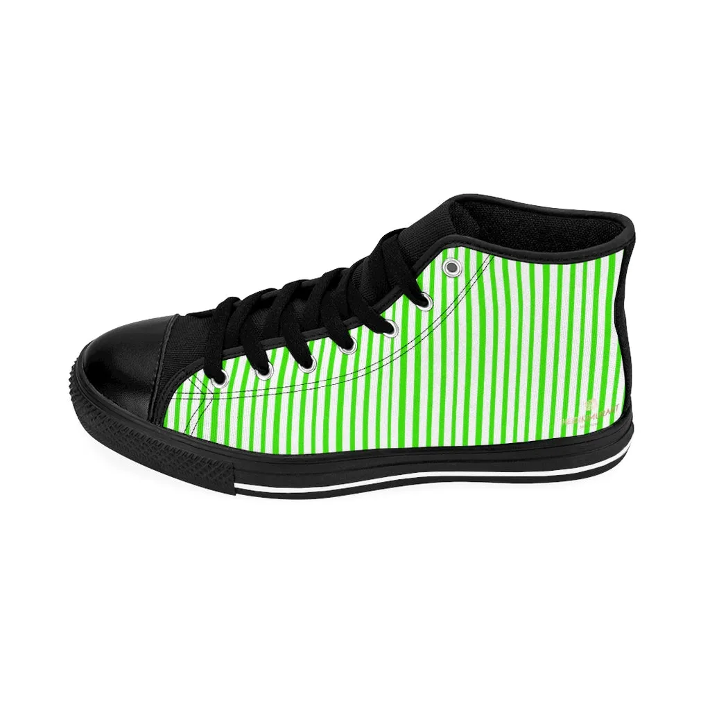 Green Striped High-top Sneakers, Vertically Green Stripes Men's Designer Tennis Running Shoes