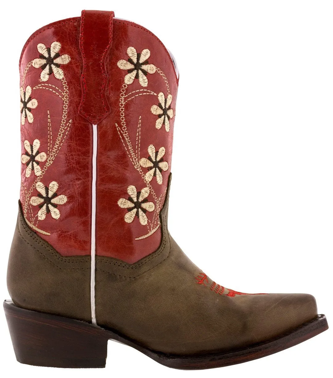 Kids Red & Brown Western Cowboy Boots Floral Leather - Snip Toe