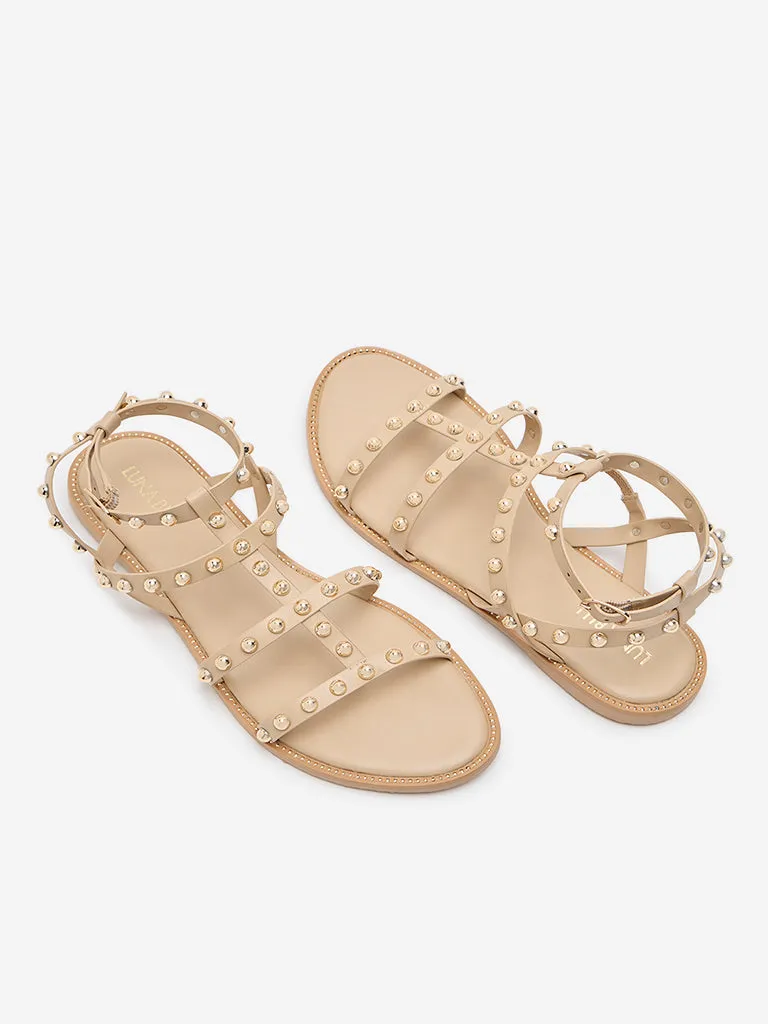 LUNA BLU Beige Embellished Multi-Strap Sandals