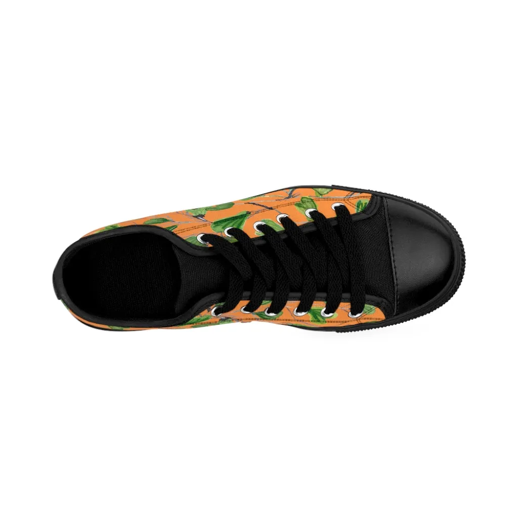 Orange Maidenhair Print Men's Sneakers, Green Best Tropical Leaf Print Men's Low Top Tennis Shoes