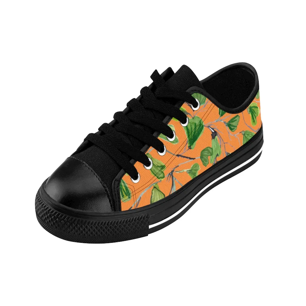 Orange Maidenhair Print Men's Sneakers, Green Best Tropical Leaf Print Men's Low Top Tennis Shoes