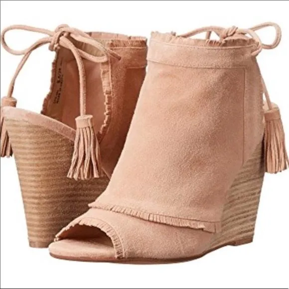 Peep Toe Wedge Booties Ankle Tassel Tie