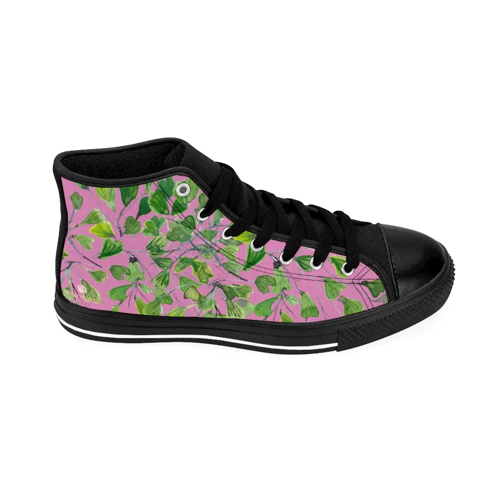 Pink Fern Men's High-top Sneakers, Green Cute Maidenhair Leaf Designer Tennis Running Shoes