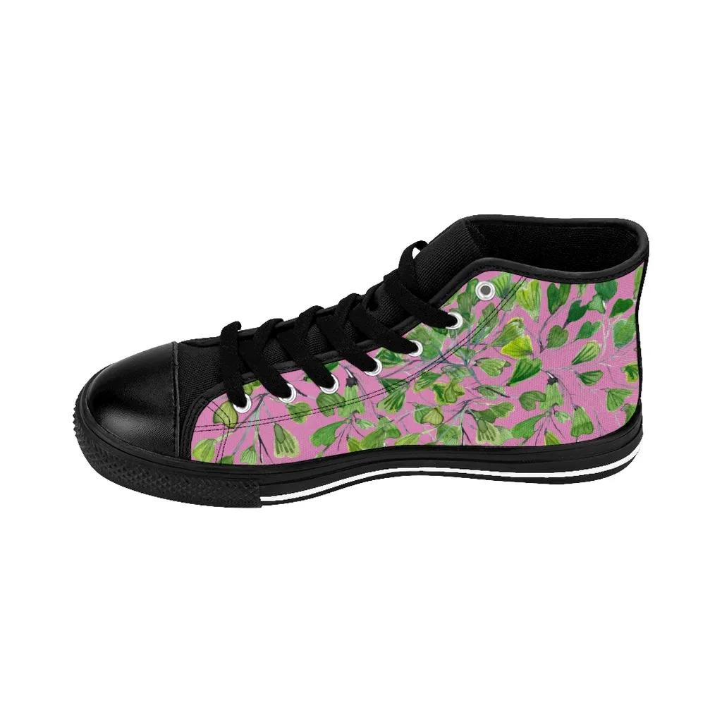 Pink Fern Men's High-top Sneakers, Green Cute Maidenhair Leaf Designer Tennis Running Shoes