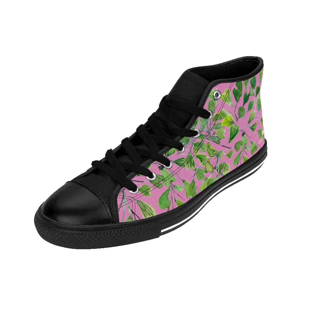 Pink Fern Men's High-top Sneakers, Green Cute Maidenhair Leaf Designer Tennis Running Shoes