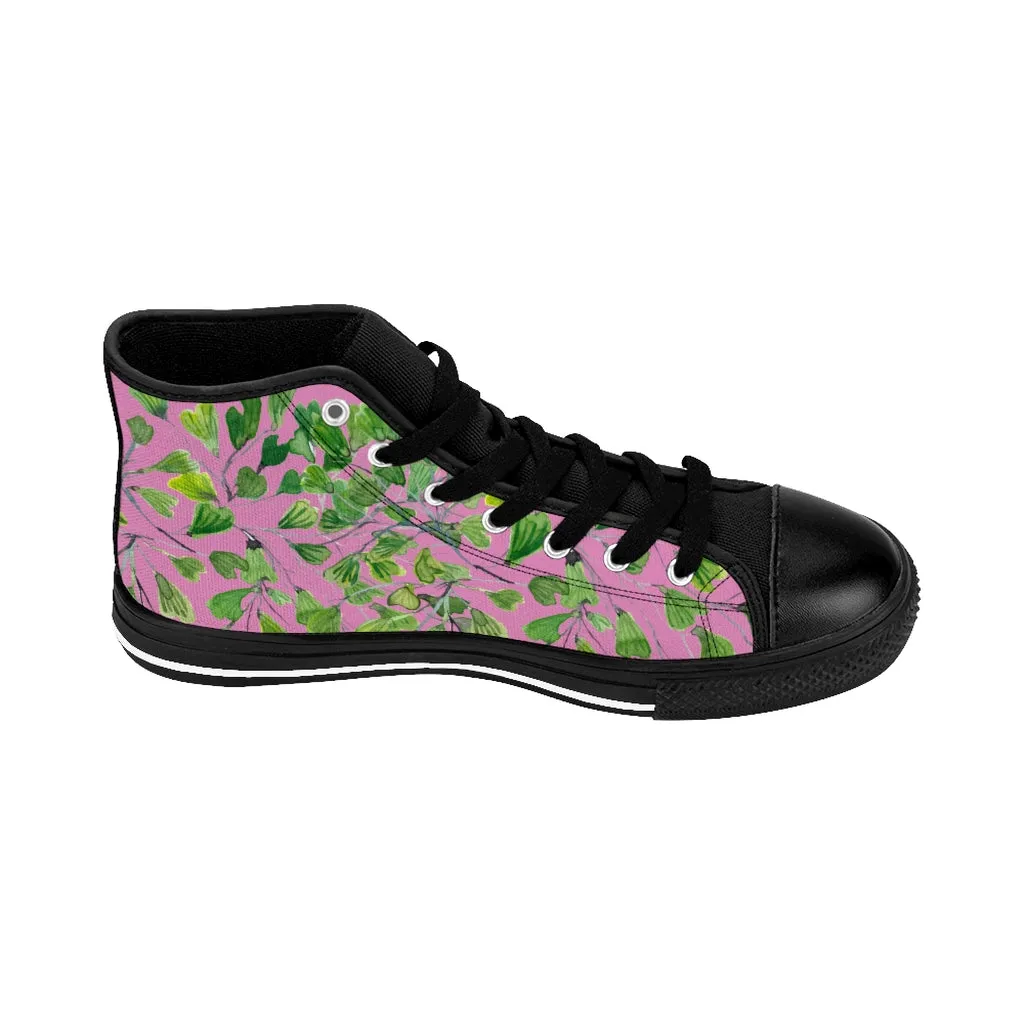 Pink Fern Men's High-top Sneakers, Green Cute Maidenhair Leaf Designer Tennis Running Shoes