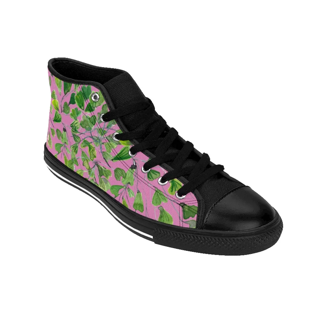 Pink Fern Men's High-top Sneakers, Green Cute Maidenhair Leaf Designer Tennis Running Shoes