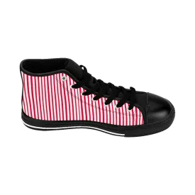 Red Striped High-top Sneakers, Vertically Red Stripes Men's Designer Tennis Running Shoes