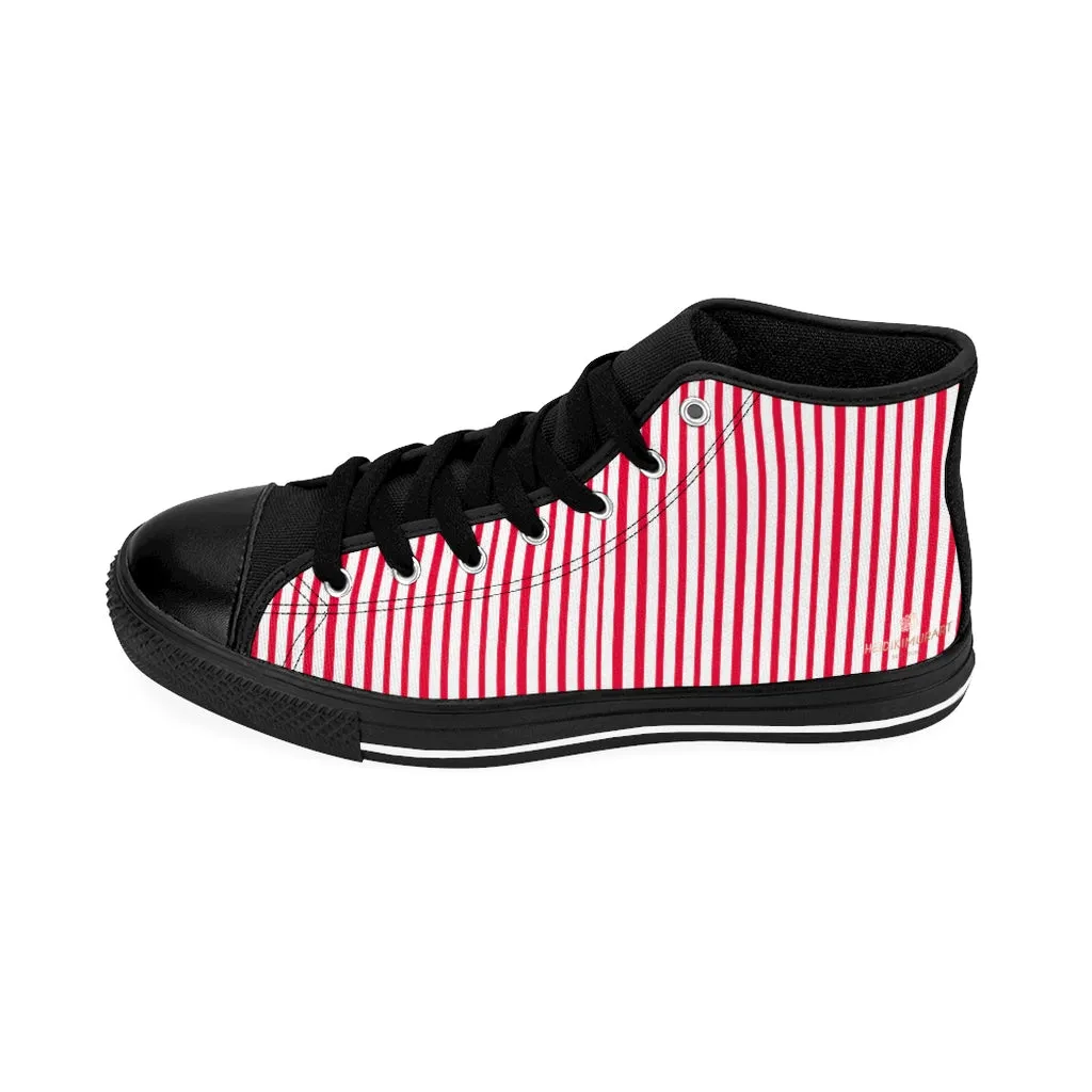 Red Striped High-top Sneakers, Vertically Red Stripes Men's Designer Tennis Running Shoes