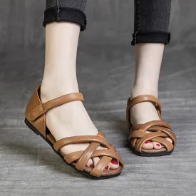 Soft Leather Womens Sandals Summer Gladiator Flats