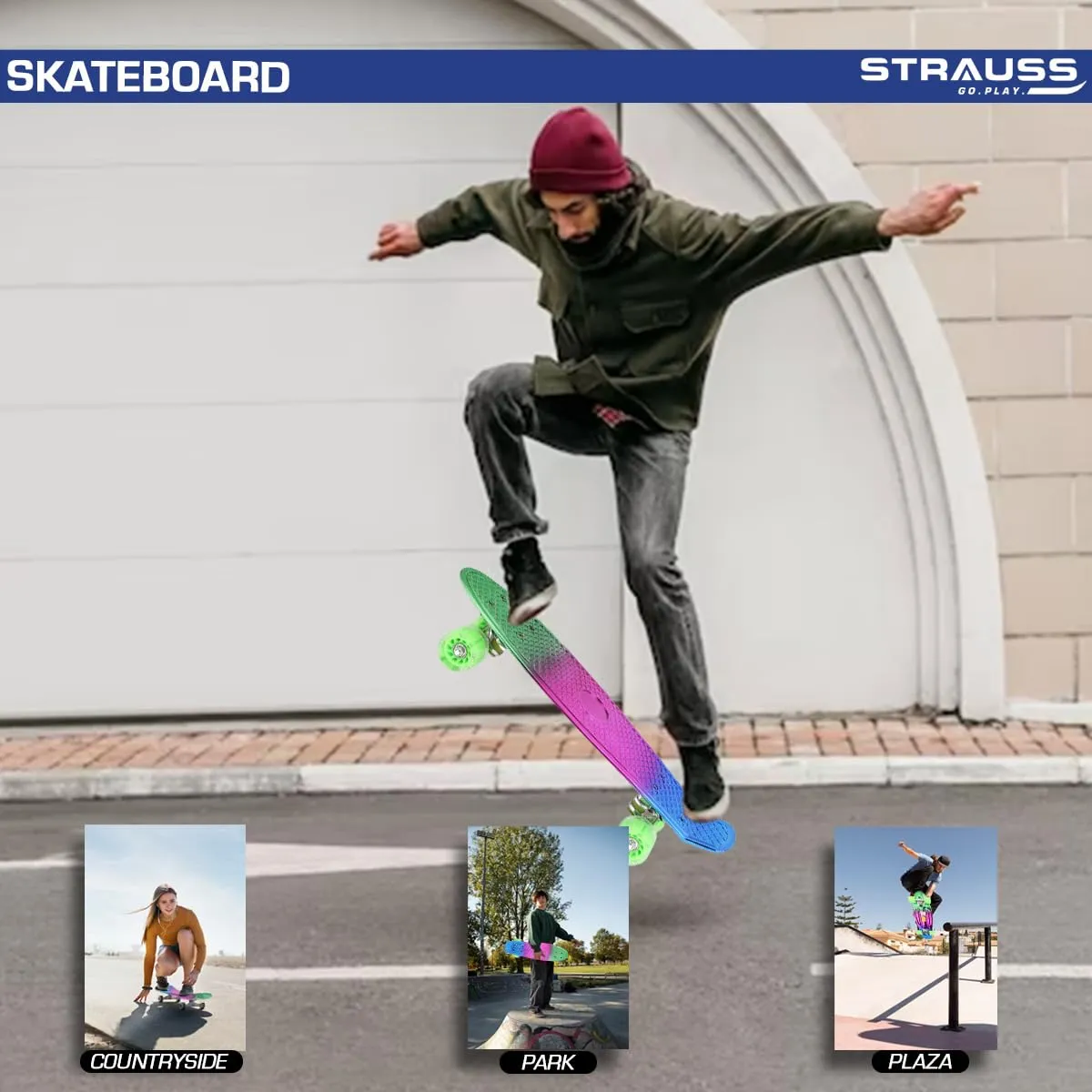 STRAUSS Cruiser Skateboard| Penny Skateboard | Casterboard | Hoverboard | Anti-Skid Board with ABEC-7 High Precision Bearings | Ideal for 8 Years and Above | 22 X 6 Inch,(Green,Pink,Blue)