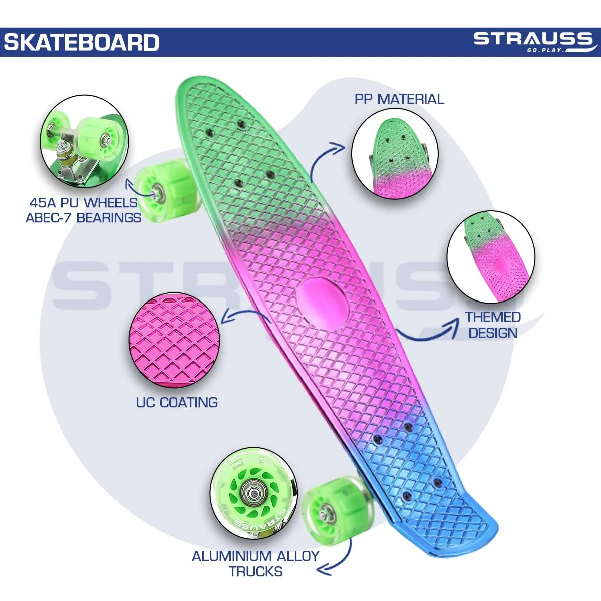 STRAUSS Cruiser Skateboard| Penny Skateboard | Casterboard | Hoverboard | Anti-Skid Board with ABEC-7 High Precision Bearings | Ideal for 8 Years and Above | 22 X 6 Inch,(Green,Pink,Blue)