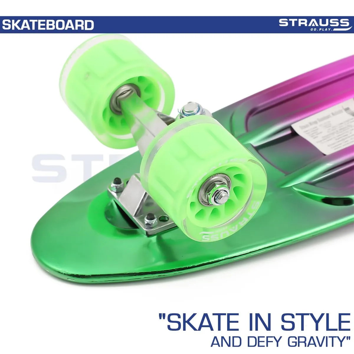 STRAUSS Cruiser Skateboard| Penny Skateboard | Casterboard | Hoverboard | Anti-Skid Board with ABEC-7 High Precision Bearings | Ideal for 8 Years and Above | 22 X 6 Inch,(Green,Pink,Blue)