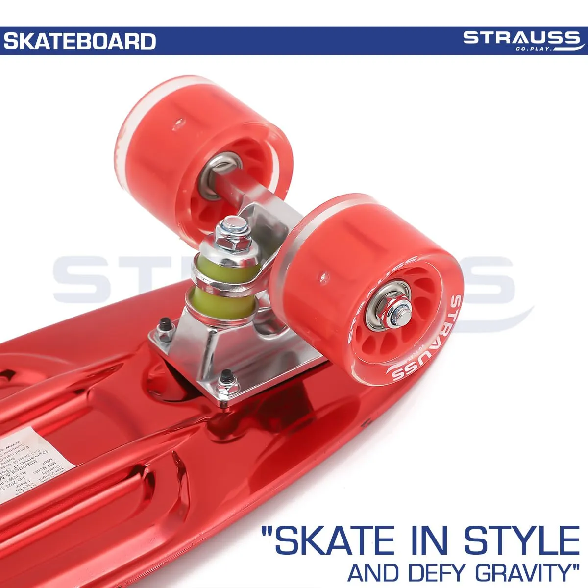 STRAUSS Cruiser Skateboard| Penny Skateboard | Casterboard | Hoverboard | Anti-Skid Board with ABEC-7 High Precision Bearings | PU Wheel with Light |Ideal for 8 Years and Above | 22 X 6 Inch,(Red)