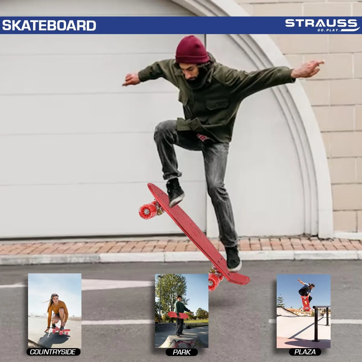 STRAUSS Cruiser Skateboard| Penny Skateboard | Casterboard | Hoverboard | Anti-Skid Board with ABEC-7 High Precision Bearings | PU Wheel with Light |Ideal for 8 Years and Above | 22 X 6 Inch,(Red)