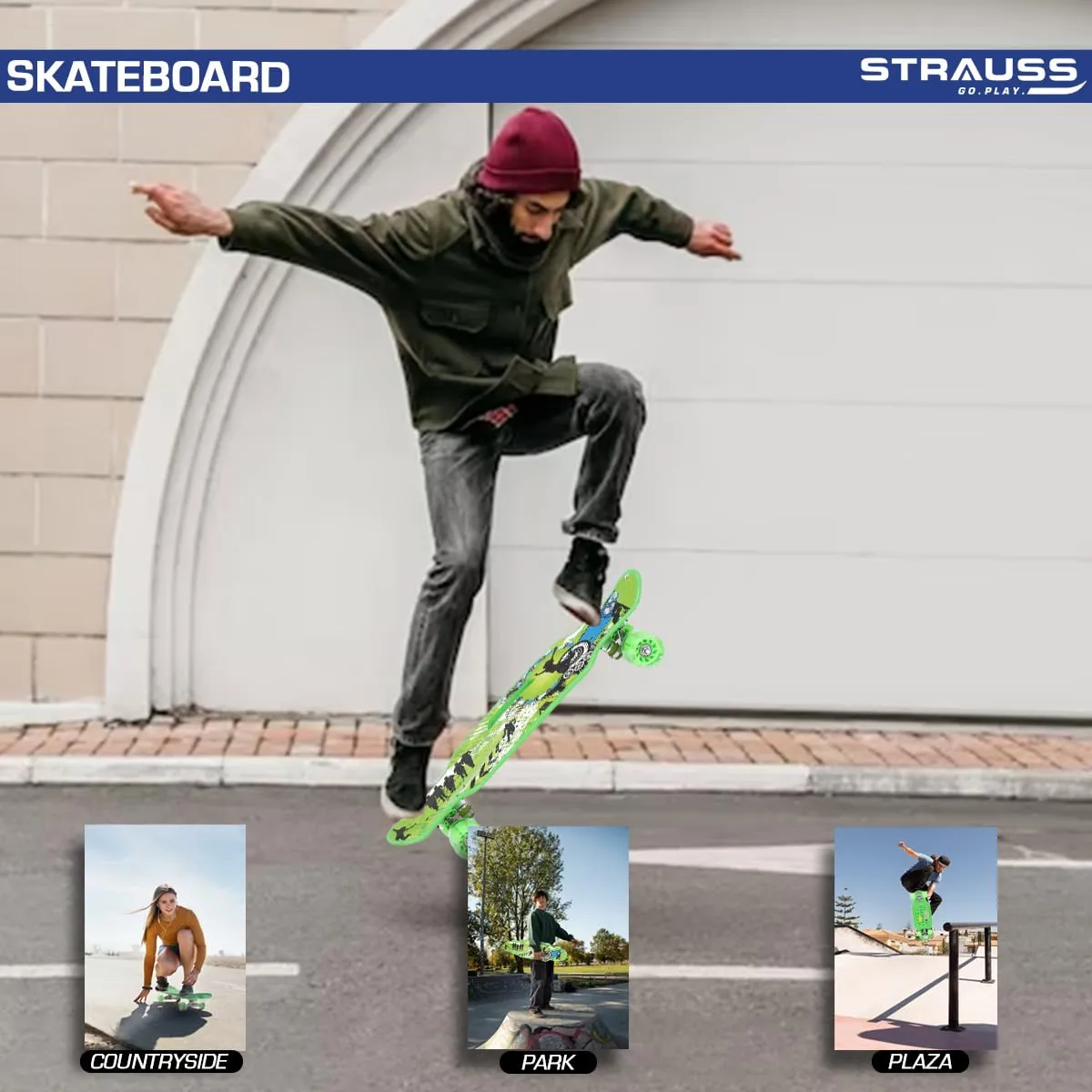 STRAUSS Cruiser Skateboard| Penny Skateboard | Casterboard | Hoverboard | Anti-Skid Board with High Precision Bearings | Wheels with Light |Ideal for 8 Years and Above (31 X 8 Inch), (Vibrant Green)