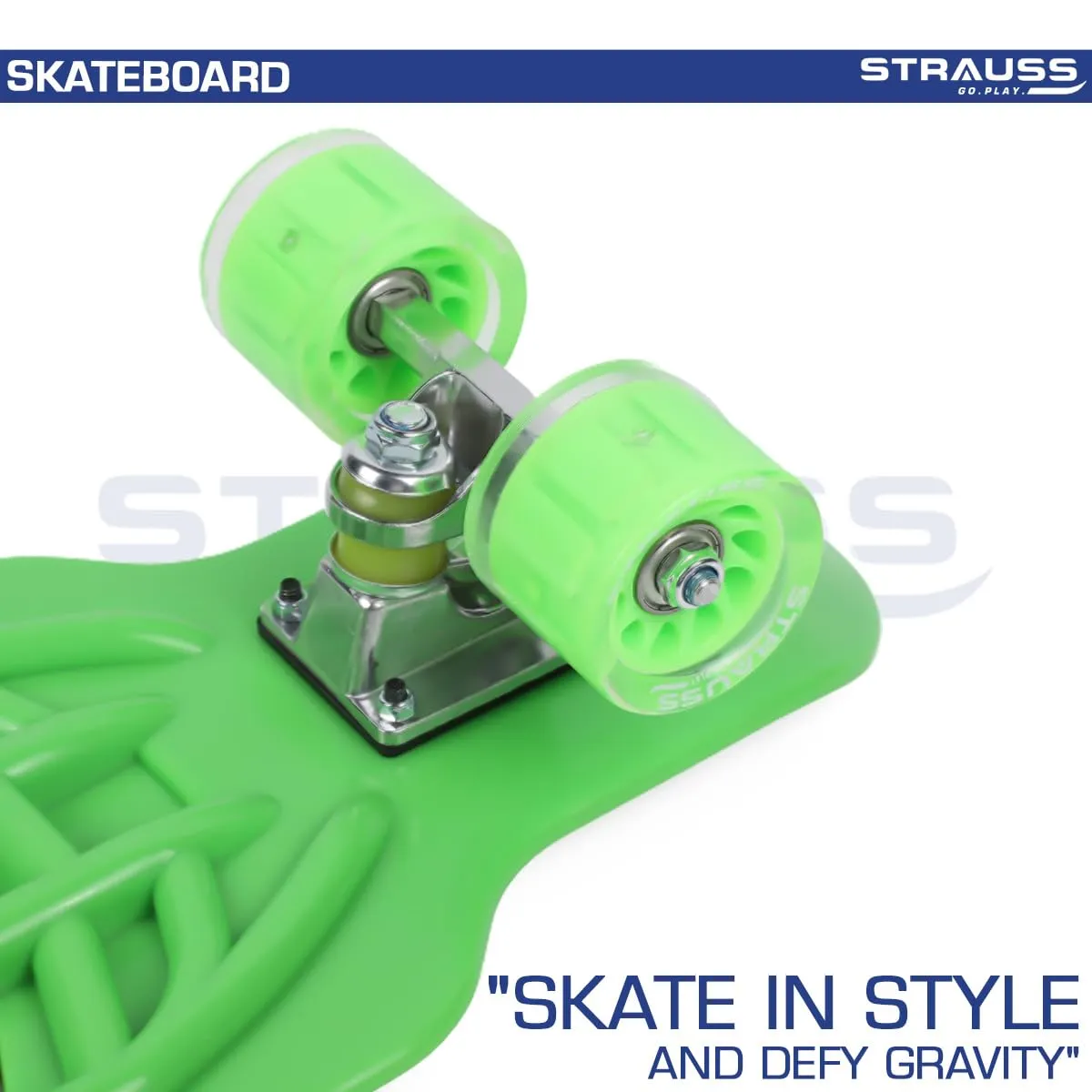 STRAUSS Cruiser Skateboard| Penny Skateboard | Casterboard | Hoverboard | Anti-Skid Board with High Precision Bearings | Wheels with Light |Ideal for 8 Years and Above (31 X 8 Inch), (Vibrant Green)