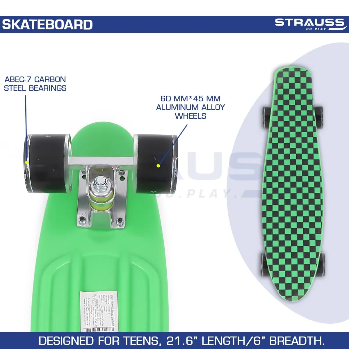 STRAUSS Cruiser Skateboard| Penny Skateboard| Casterboard| Hoverboard|Anti-Skid Board with ABEC-7 High Precision Bearings|PU Wheel with Light |Ideal for 8 Years and Above,22 X 6 Inch,(Checkered Green)