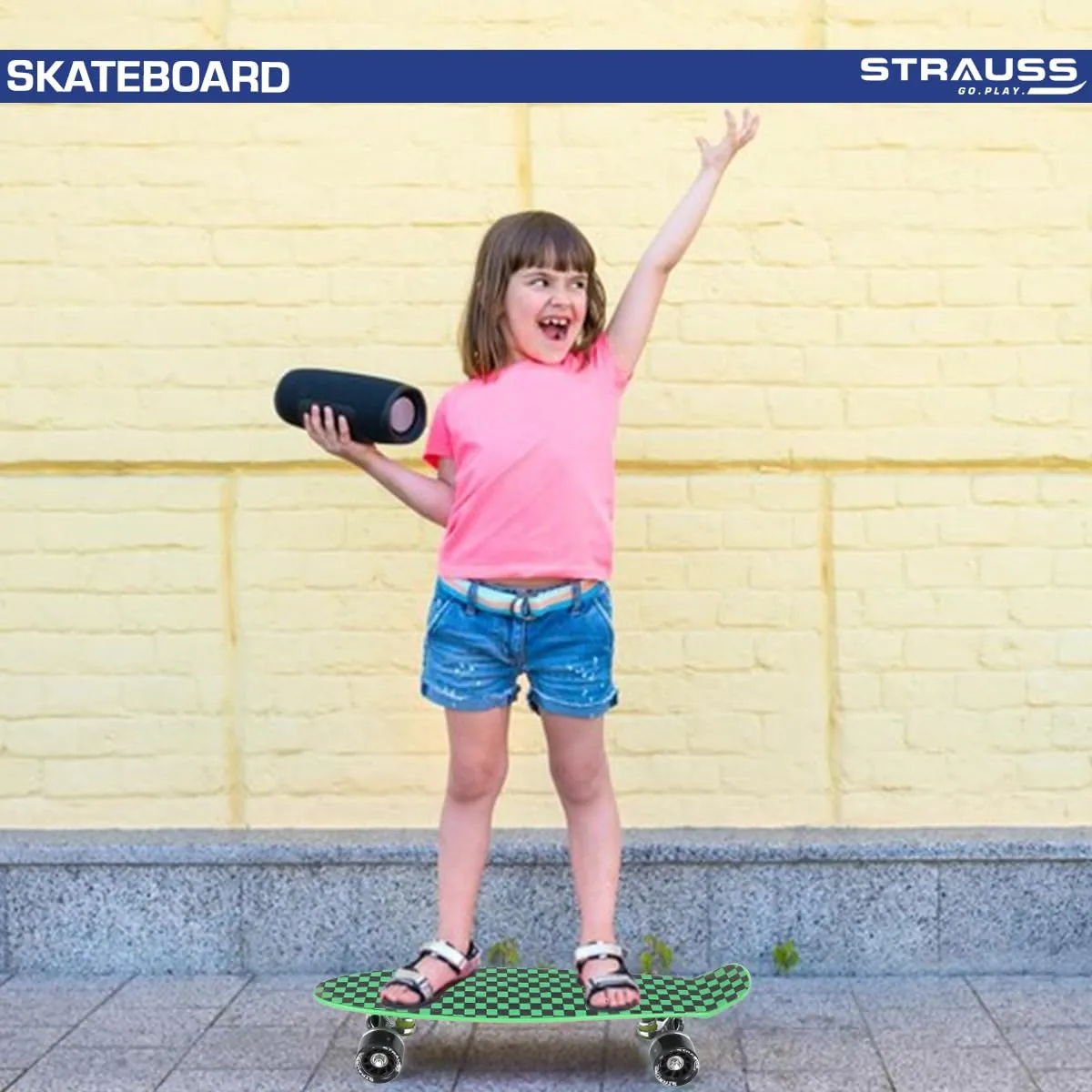 STRAUSS Cruiser Skateboard| Penny Skateboard| Casterboard| Hoverboard|Anti-Skid Board with ABEC-7 High Precision Bearings|PU Wheel with Light |Ideal for 8 Years and Above,22 X 6 Inch,(Checkered Green)