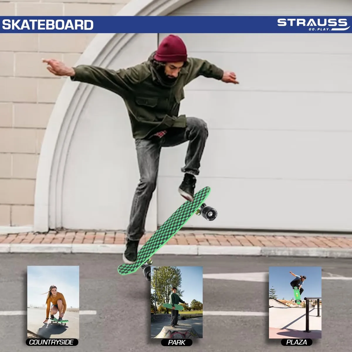 STRAUSS Cruiser Skateboard| Penny Skateboard| Casterboard| Hoverboard|Anti-Skid Board with ABEC-7 High Precision Bearings|PU Wheel with Light |Ideal for 8 Years and Above,22 X 6 Inch,(Checkered Green)