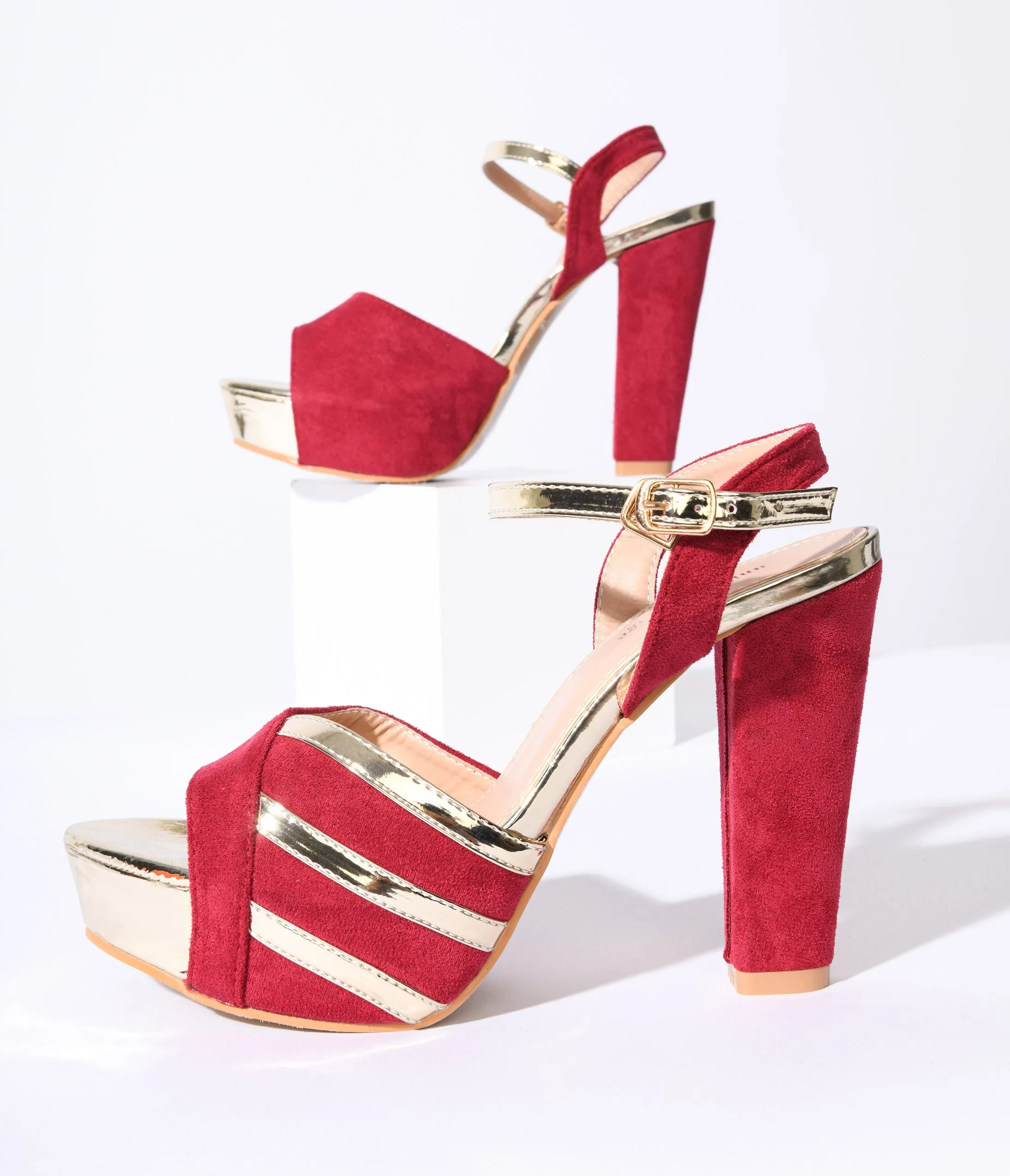 Unique Vintage Metallic Gold & Red Suede Platform Heels