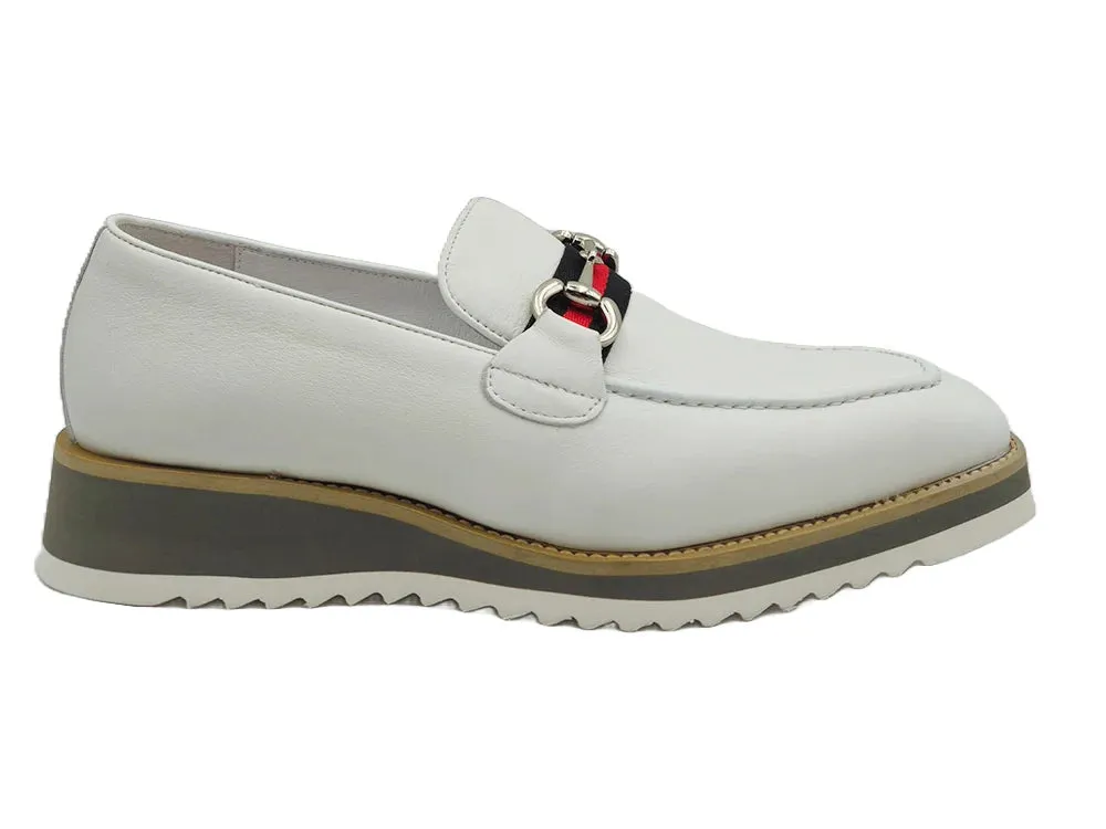 White Carrucci Loafer Leather Men's casual shoes Silver Buckle Red and Green Trim